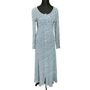 Vintage Floral Print Long Sleeve Snap Front Maxi Dress Light Blue Burgundy S